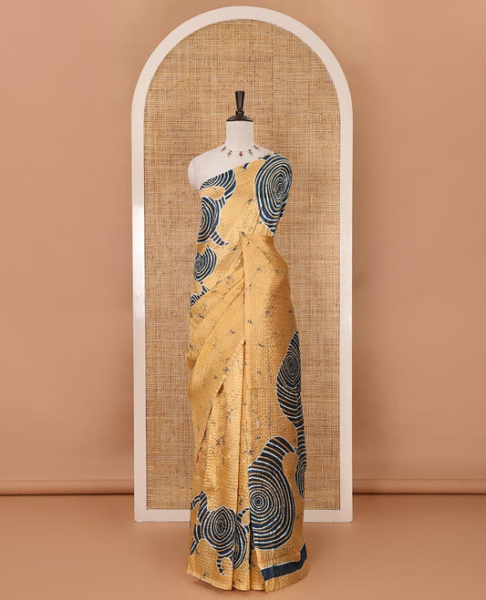 Borderless yellow abstract-geometric printed crushed litchi saree, printed pallu & running blouse