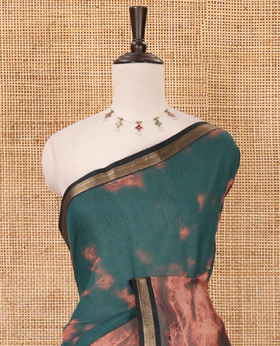 Green shibori-style printed muslin saree, contrast zari piping border, self printed pallu & shibori-style printed blouse