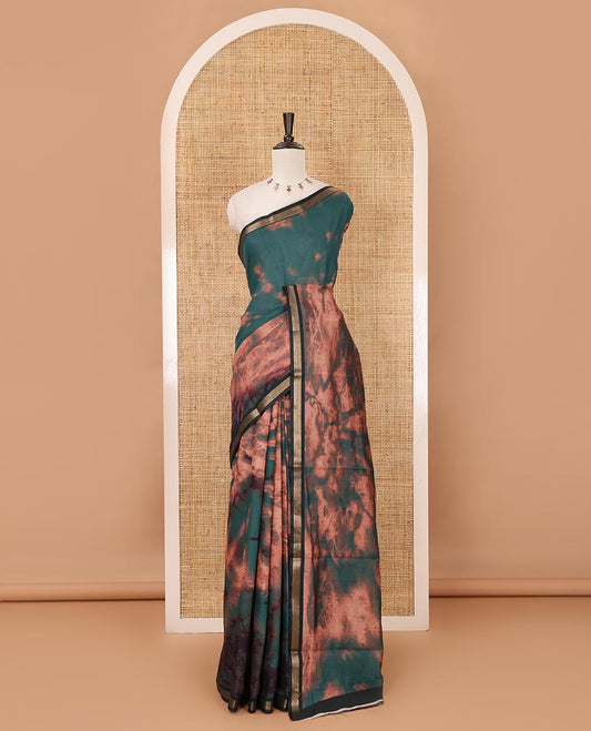 Green shibori-style printed muslin saree, contrast zari piping border, self printed pallu & shibori-style printed blouse