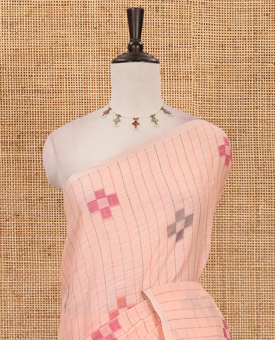 Light Orange vertical striped & geometric buttas Jute linen saree, Sliver zari border, geometric patterned pallu & vertical striped blouse