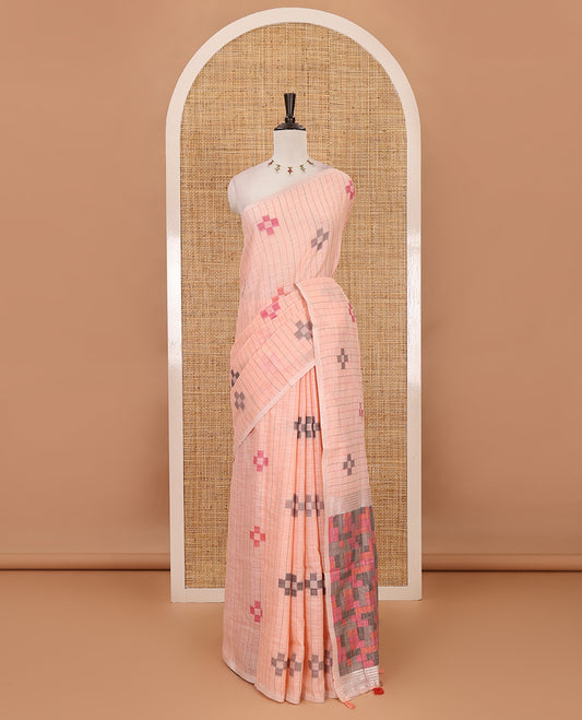 Light Orange vertical striped & geometric buttas Jute linen saree, Sliver zari border, geometric patterned pallu & vertical striped blouse