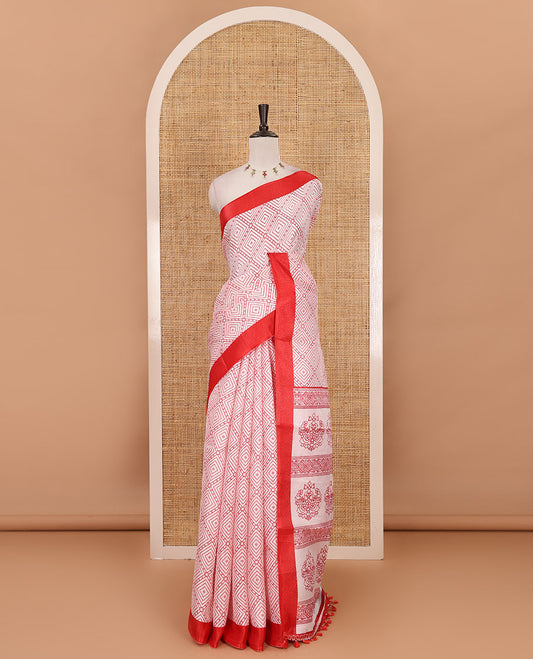 White-red diamond patterned khadi cotton saree, contrast plain border, intricate print pallu & contrast star motifs printed blouse