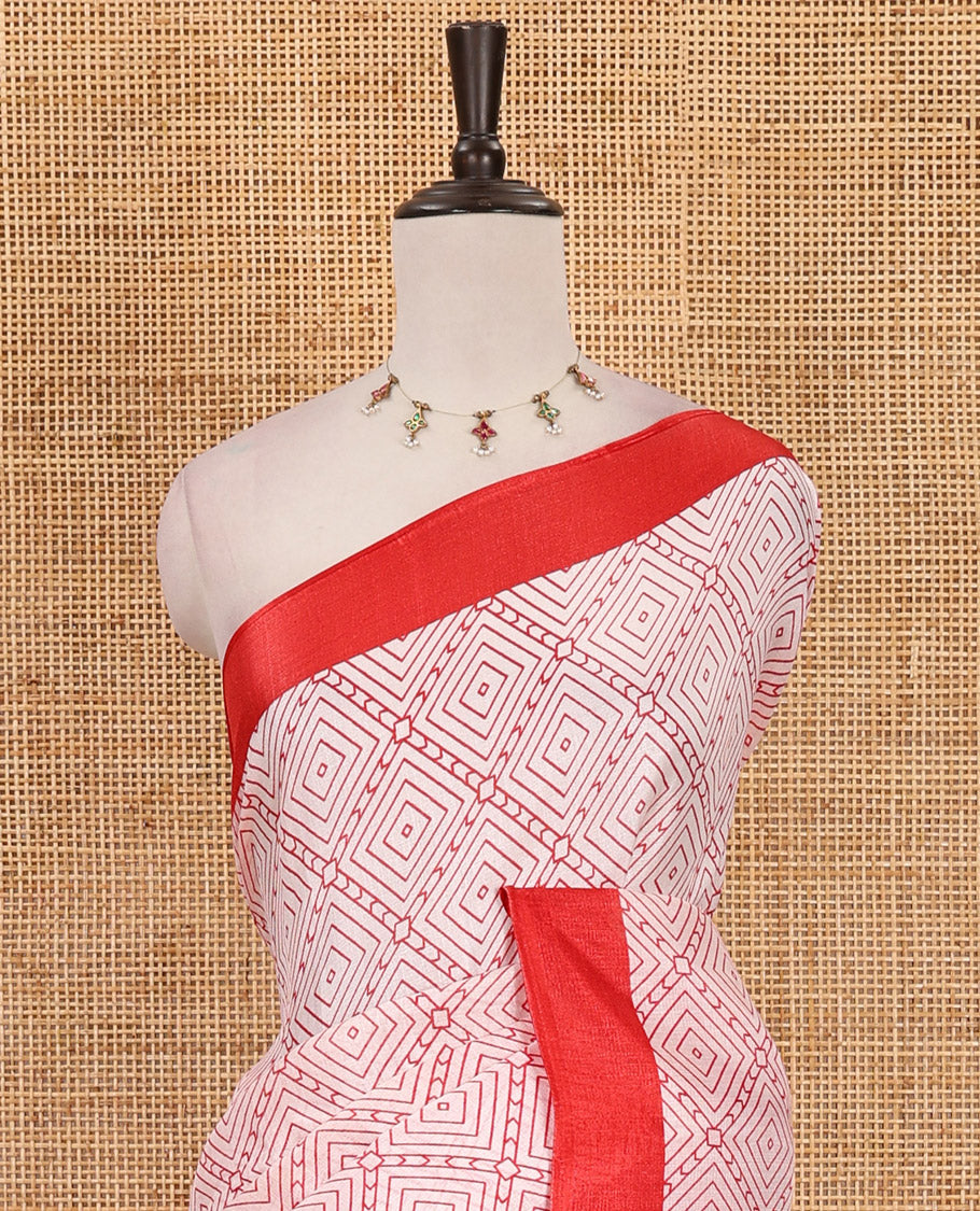 White-red diamond patterned khadi cotton saree, contrast plain border, intricate print pallu & contrast star motifs printed blouse