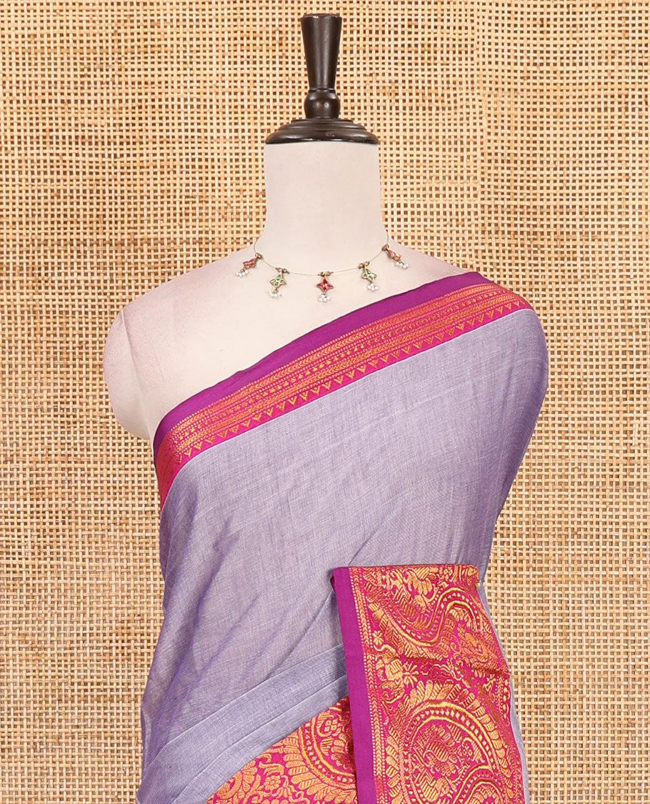 Lavender plain design mercerised cotton saree, contrast traditional peacock enclosed manga border, striped pallu & matching blouse