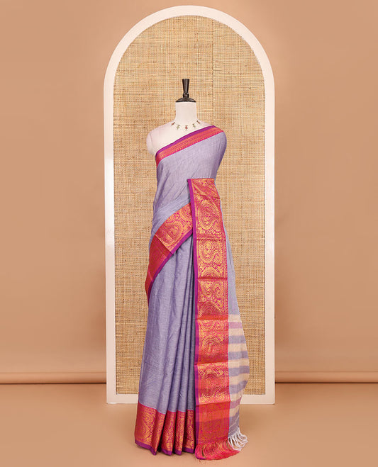 Lavender plain design mercerised cotton saree, contrast traditional peacock enclosed manga border, striped pallu & matching blouse