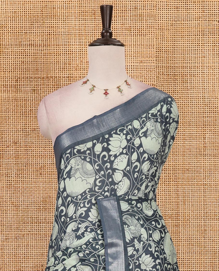 Steal grey flora-fauna kalamkari printed Bhagalpur linen saree, zari border, contrast floral-peacock printed pallu & contrast printed blouse