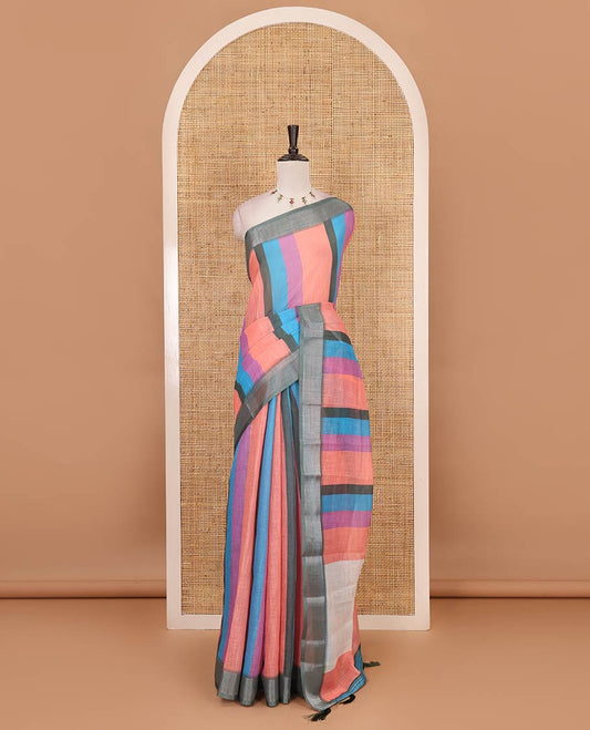 Multi-color stripes-block linen  saree, zari bavanji border, plain pallu & printed blouse