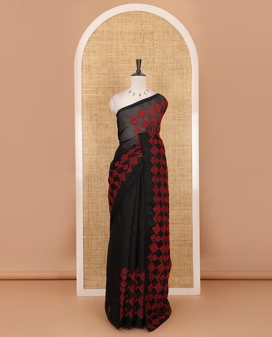 Black all-over red-thread intricate motifs embroidered Kota chex saree, lace border, and plain black blouse