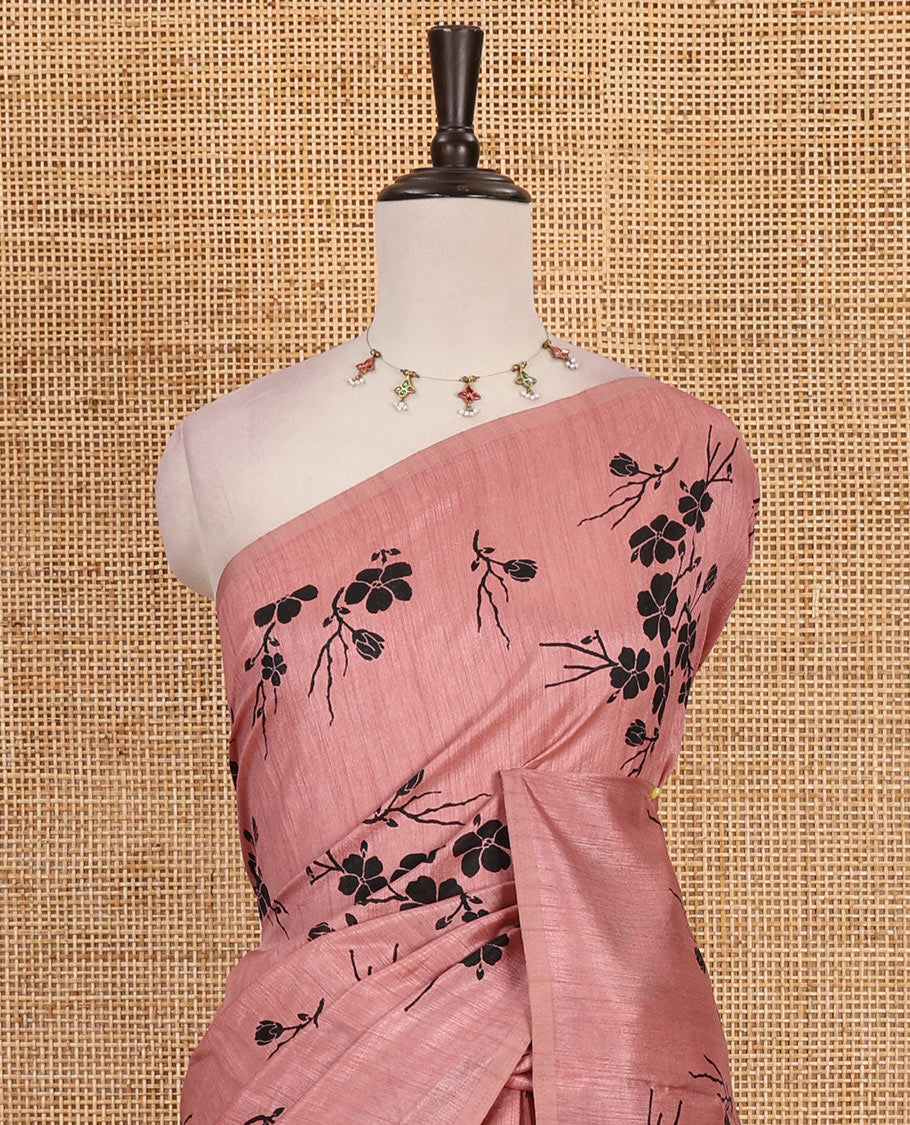 Borderless pink five petal floral motifs printed semi tussar saree, self-pallu of  floral print, and printed blouse
