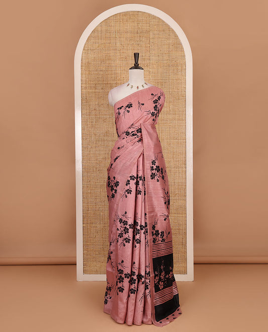 Borderless pink five petal floral motifs printed semi tussar saree, self-pallu of  floral print, and printed blouse