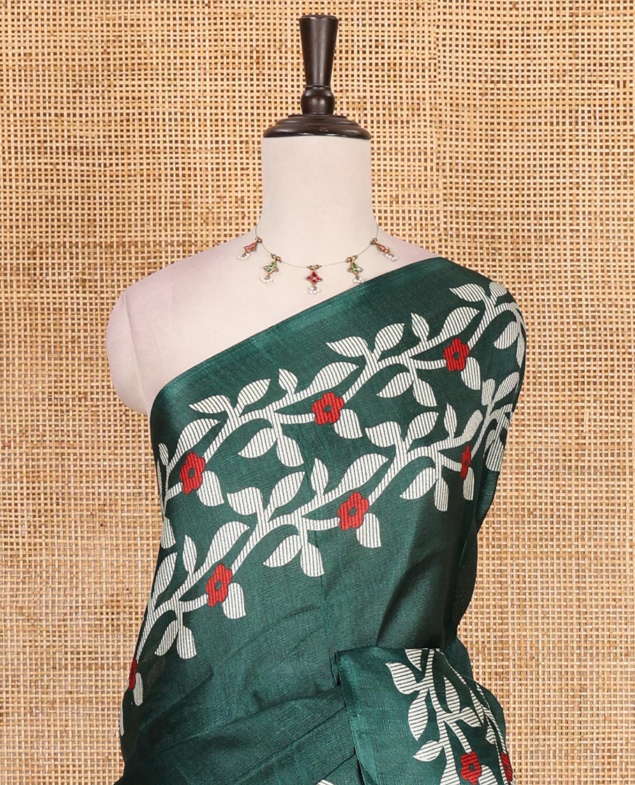 Green plain khadi cotton saree, floral creeper printed border, and pallu with small buttas printed blouse