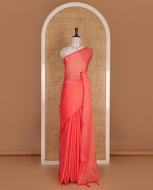 Borderless bright orange plain design viscose saree, flower motifs printed matching blouse