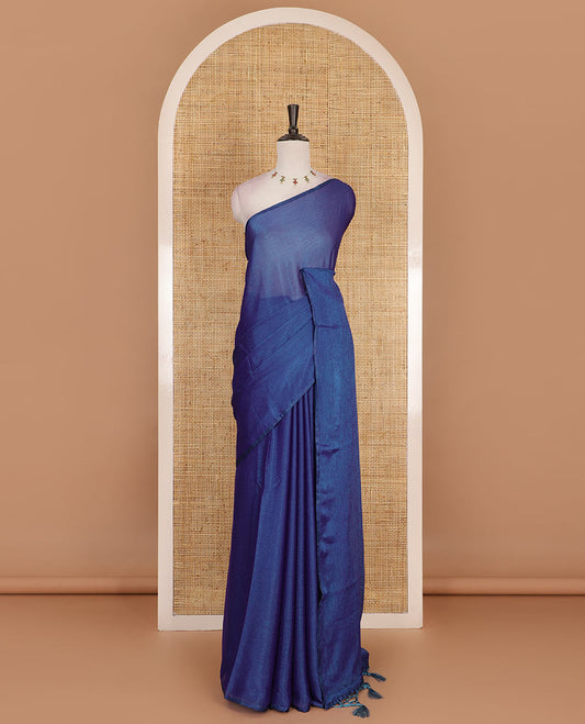 Borderless royal blue plain design viscose saree, flower motifs printed matching blouse