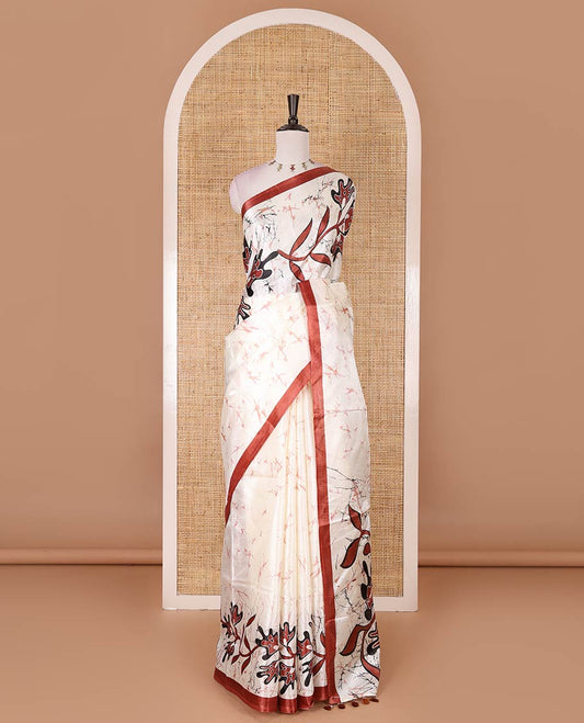 Half-white batik-style floral vine printed khadi cotton saree, contrast brown border, batik floral printed, and contrast flower motifs printed blouse