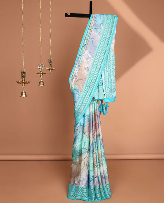 Multi-color digital floral print moss brasso saree with contrast border & rich print , tassels pallu