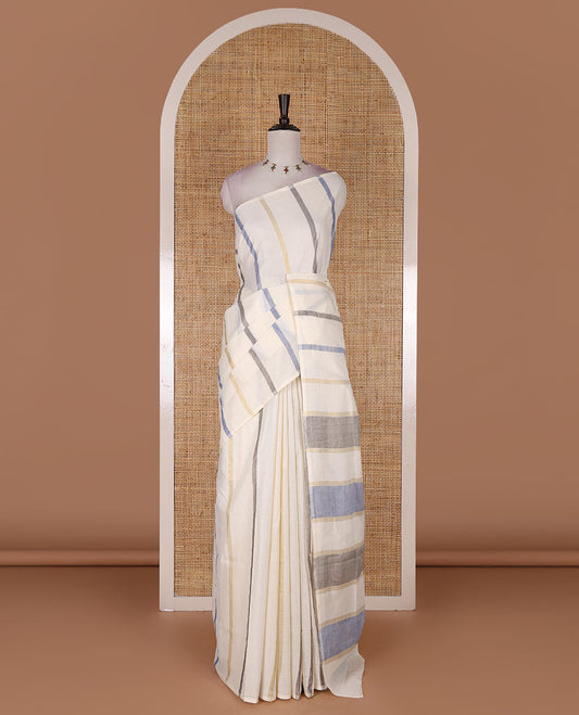 Borderless cream-purple vertical striped Kerala cotton saree, ragkat style pallu, and running blouse