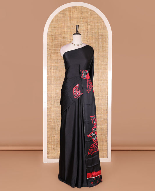 Borderless black-red batik style abstract digital printed satin crepe saree with blouse of small buttas