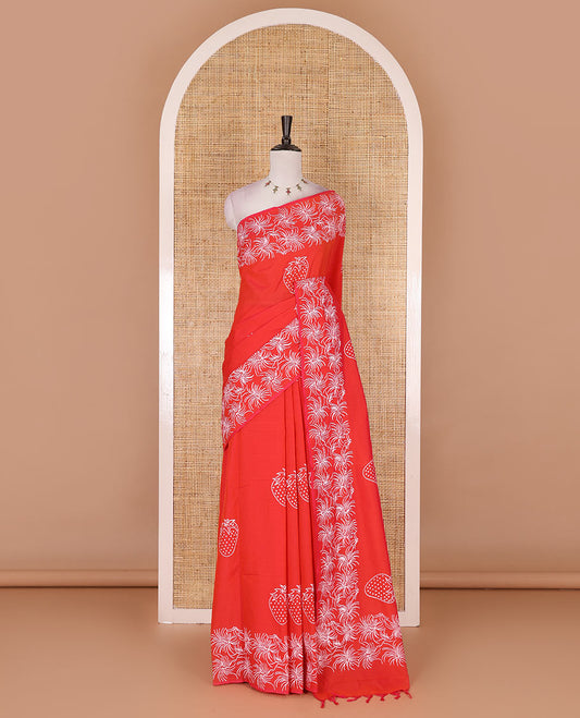 Tomato pink strawberry motifs handblock printed south cotton saree, sparkle motifs printed border, printed pallu, and contrast printed pallu