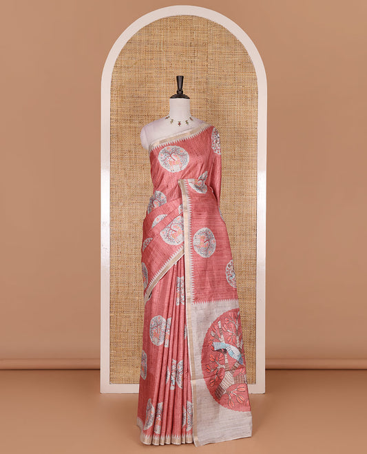 Pink Madhubani painting style deer and sparrow motifs printed semi-tussar silk saree, contrast temple border, Madhubani style pallu, and contrast bird and floral buttas printed blouse