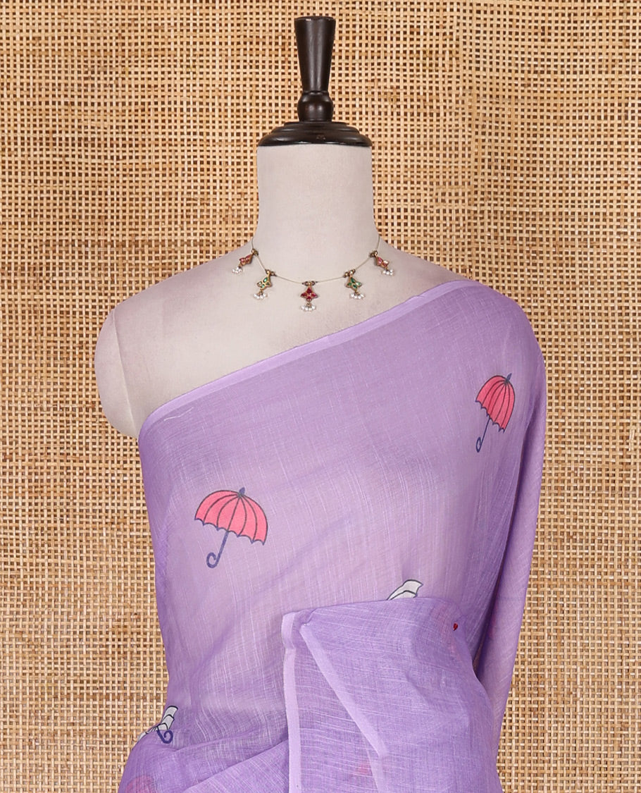 Borderless lavender umbrella motifs printed linen cotton saree, self-pallu of big umbrella motifs and contrast blouse
