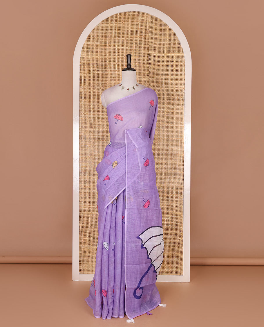 Borderless lavender umbrella motifs printed linen cotton saree, self-pallu of big umbrella motifs and contrast blouse