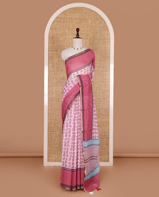 Baby pink cute elephant motifs printed linen cotton saree, contrast chevron border, pallu of stripes and chevron, and contrast printed blouse