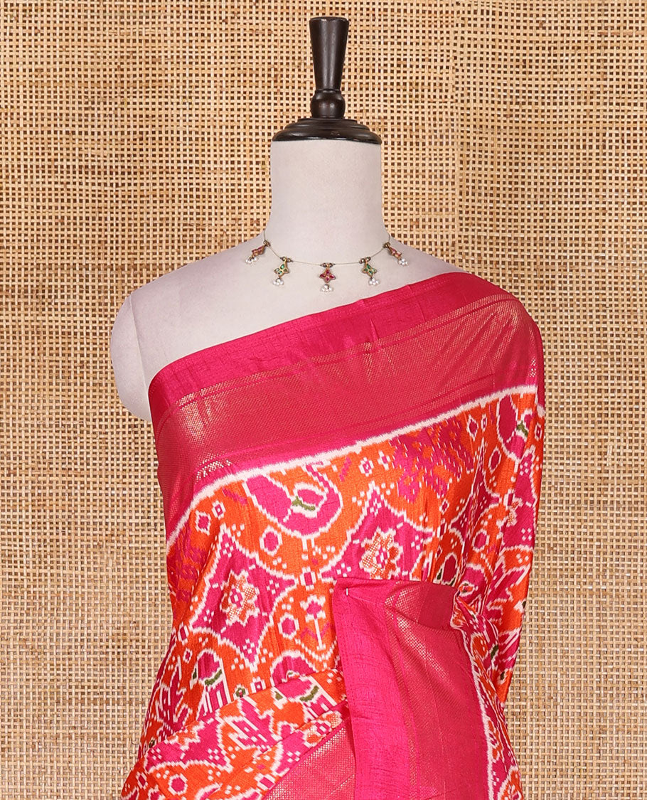 Orange pochampally style butterflies, and bird printed dola silk saree, contrast zari border, pallu of elephant palanquin, and contrast printed blouse