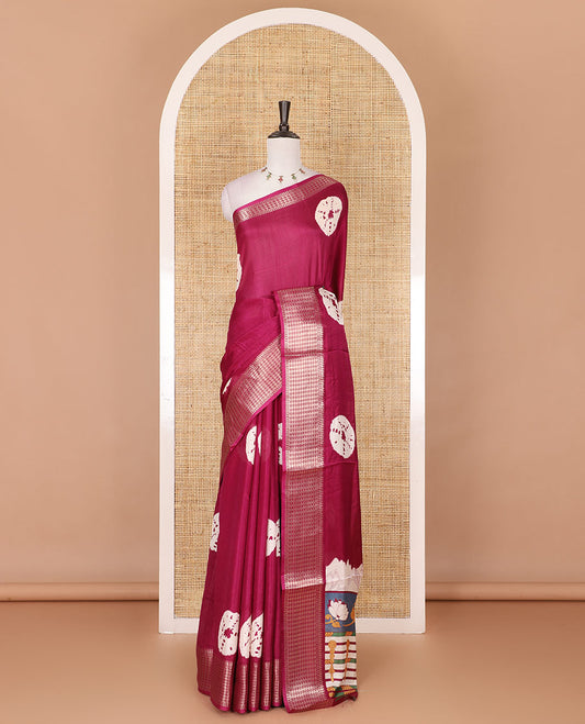 Maroon shibori printed dola silk saree, traditional zari border, printed pallu, and blouse of print, and zari work