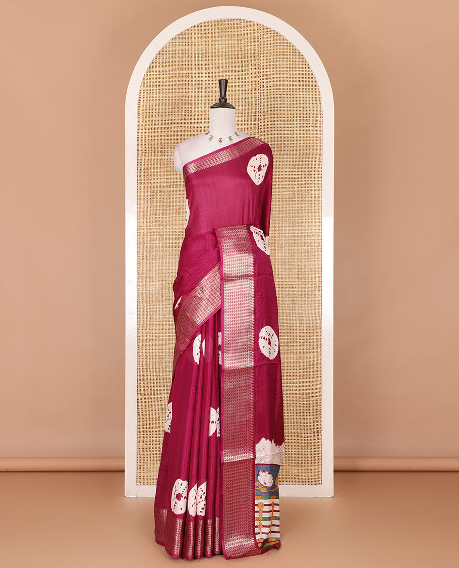 Maroon shibori printed dola silk saree, traditional zari border, printed pallu, and blouse of print, and zari work