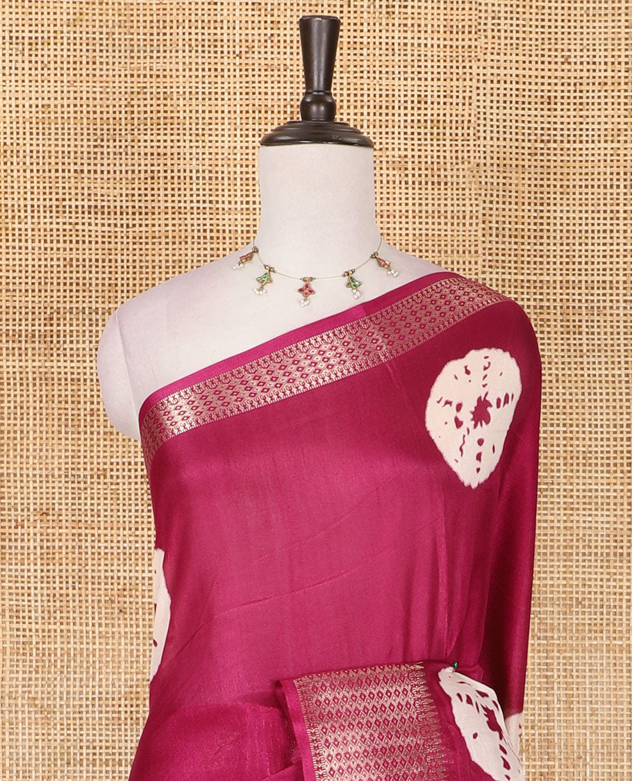 Maroon shibori printed dola silk saree, traditional zari border, printed pallu, and blouse of print, and zari work