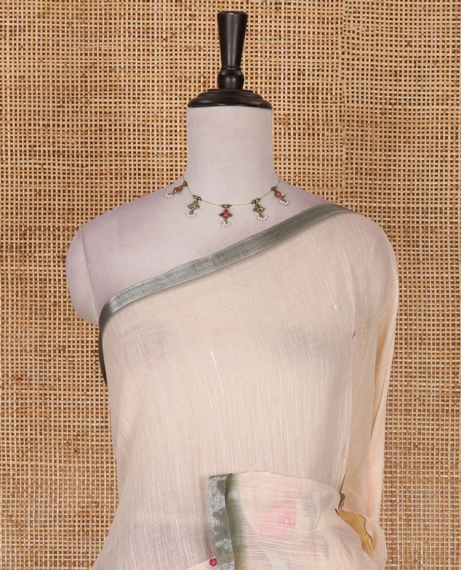 Chikku colorful floral vine printed with mirror embroidered linen saree, contrast zari piping border, and contrast printed blouse