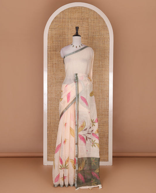 Chikku colorful floral vine printed with mirror embroidered linen saree, contrast zari piping border, and contrast printed blouse