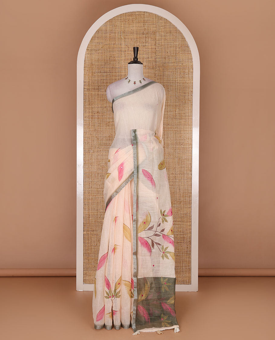 Chikku colorful floral vine printed with mirror embroidered linen saree, contrast zari piping border, and contrast printed blouse