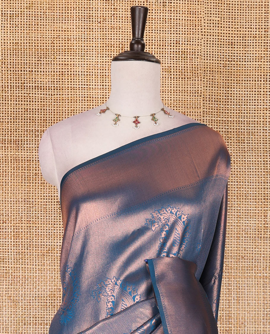 Blue paisley zari jacquard Kanchi tissue saree, zari border, pallu steeped with paisleys, and jacquard matching blouse