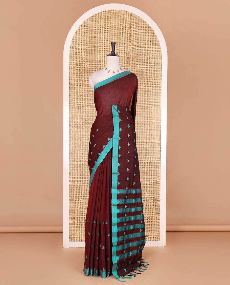 Maroon triangle motifs mercerised cotton saree, contrast plain border, striped pallu, and matching triangle motifs blouse