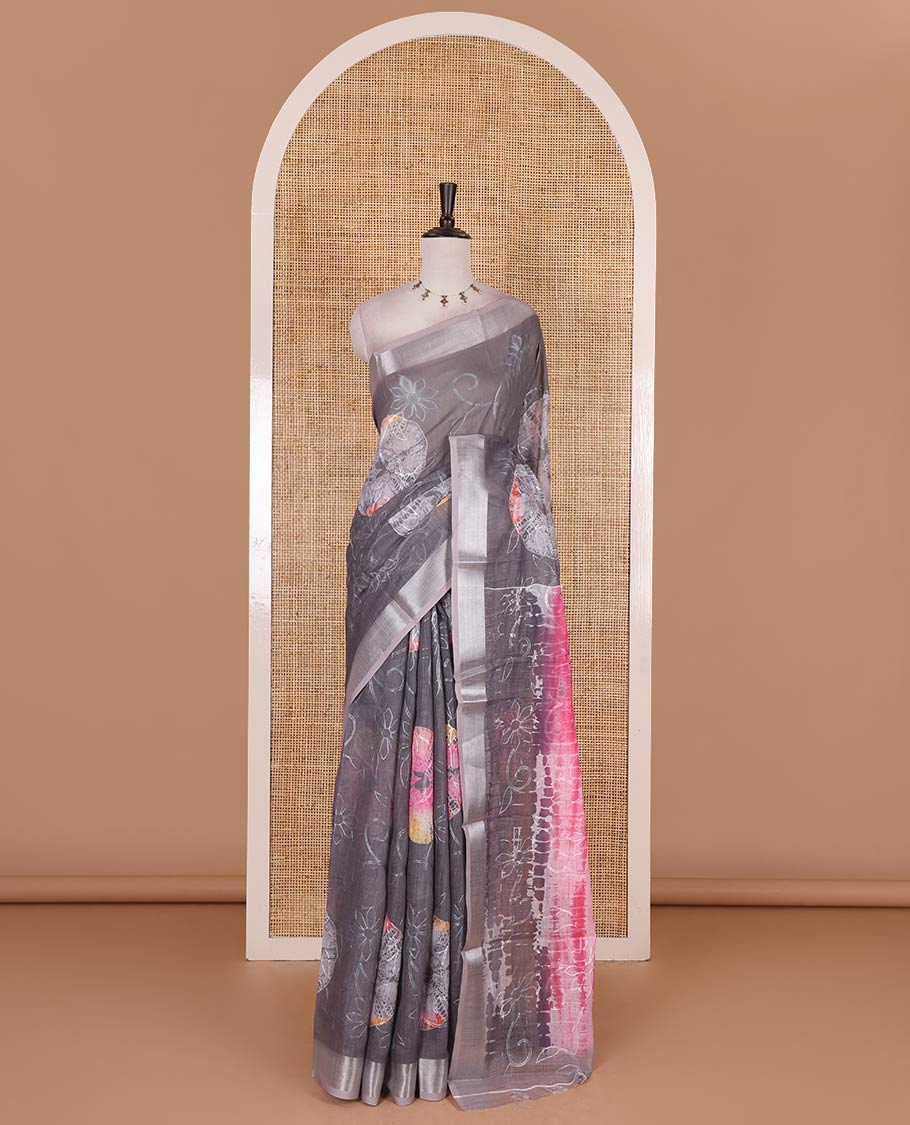 Grey shibori printed with thread floral vine embroidered linen cotton saree, contrast bavanji border, pallu, and blouse of shibori print with embroidery