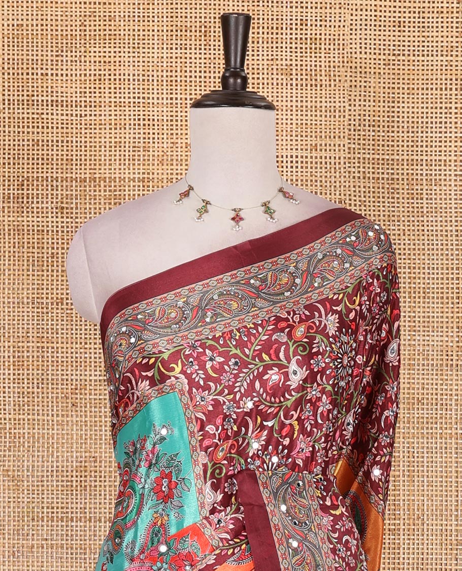 Maroon floral-paisleys printed and mirror work masakali saree, printed border, printed and mirror work pallu, and a matching printed blouse