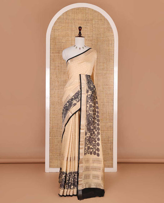 Chikku zari checked with kalamkari flora-fauna motifs printed Assam cotton saree, traditional zari border, zari striped pallu, and matching blouse