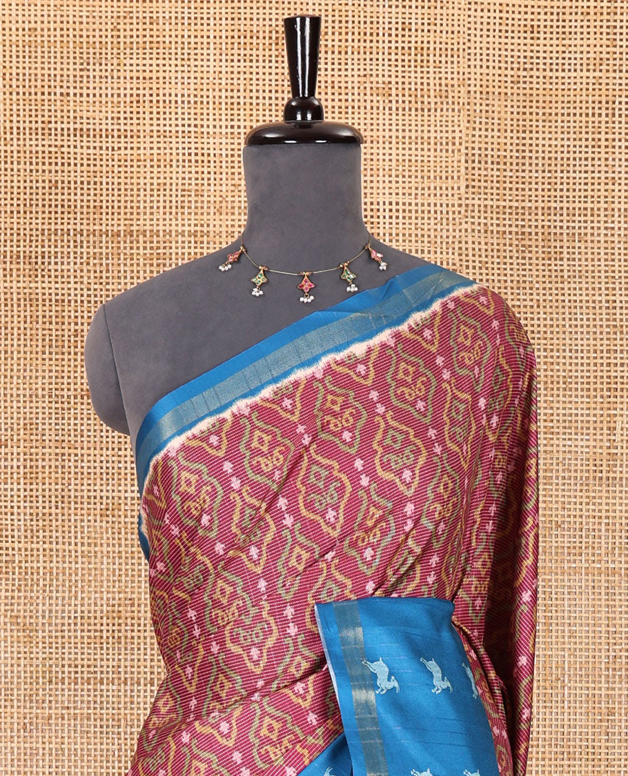 Purple Pochampally ikkat printed katan silk saree, contrast deer motifs printed zari border, jaal printed pallu, and contrast deer motifs printed blouse