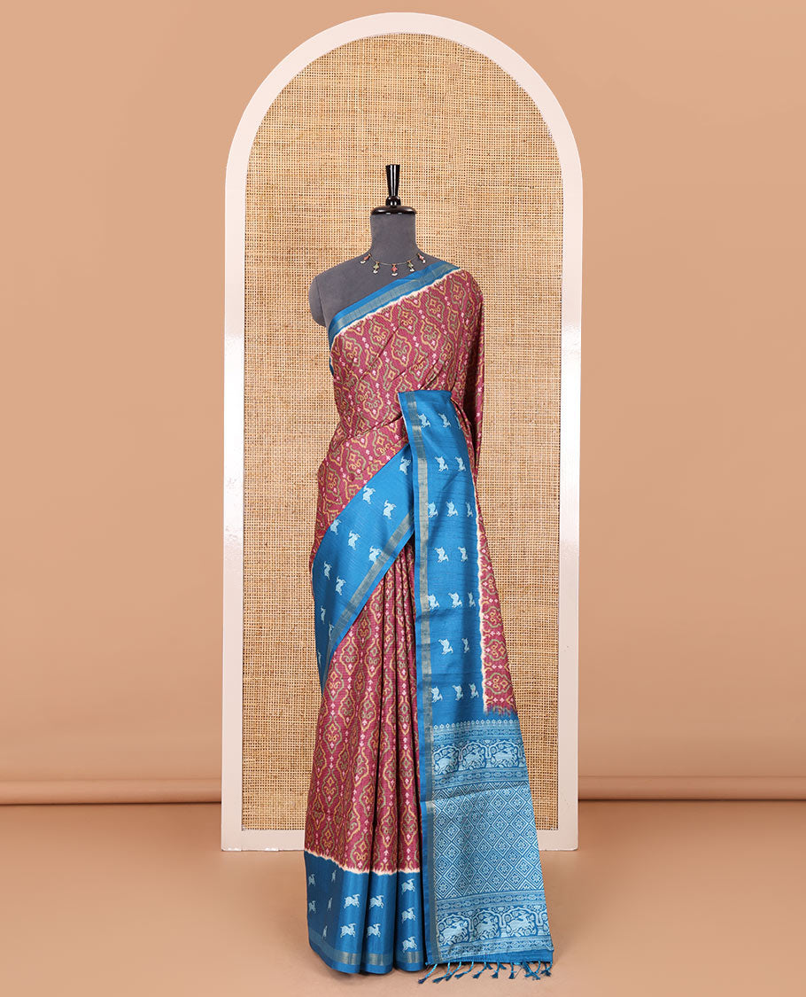 Purple Pochampally ikkat printed katan silk saree, contrast deer motifs printed zari border, jaal printed pallu, and contrast deer motifs printed blouse