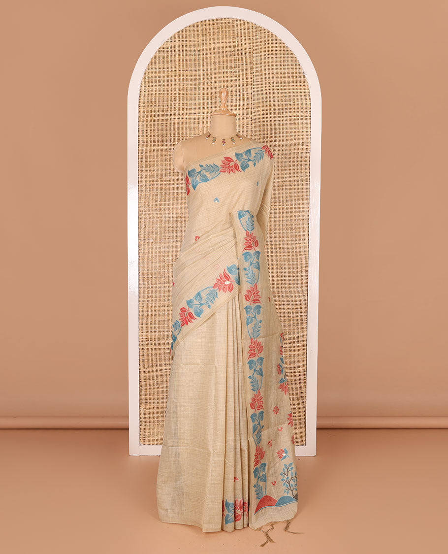 Light sandal resham thread buttas Munga cotton saree, jamdani floral creeper border, jamdani floral pallu, and contrast floral zari buttas blouse