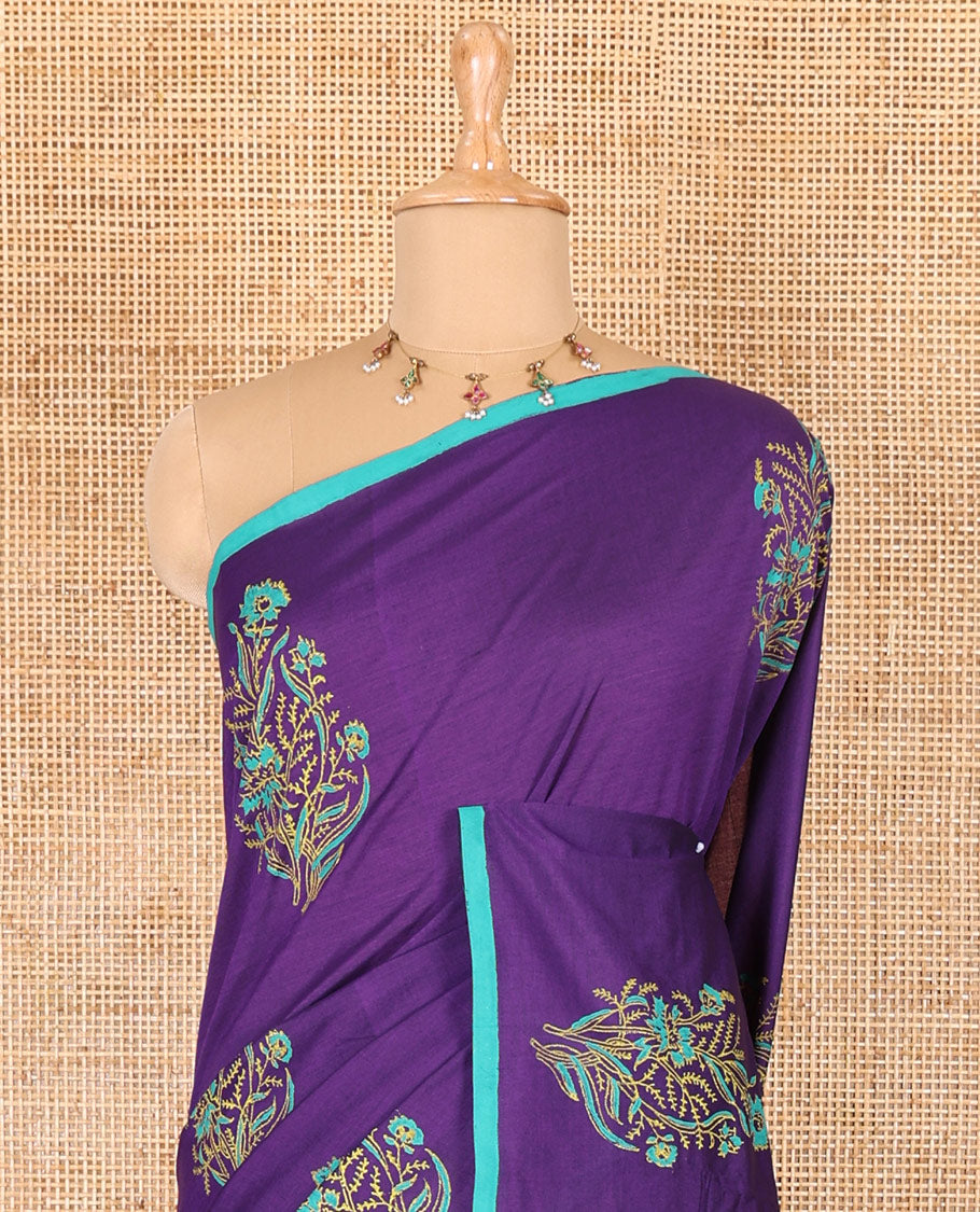 Borderless dark violet floral motifs block printed south cotton saree with a matching blouse and a contrast geometric printed blouse