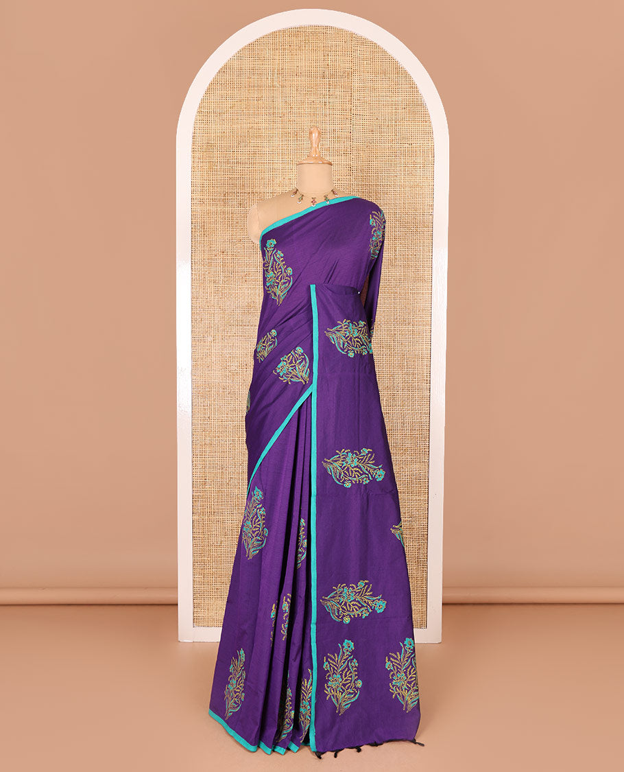 Borderless dark violet floral motifs block printed south cotton saree with a matching blouse and a contrast geometric printed blouse