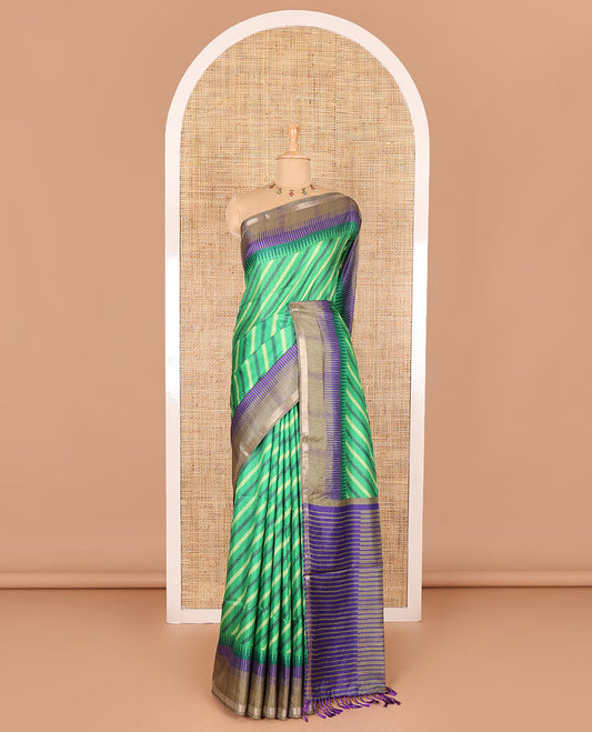 Green leheriya stripes printed katan silk saree, contrast zari piping temple border, temple pallu, and a contrast square buttas printed blouse