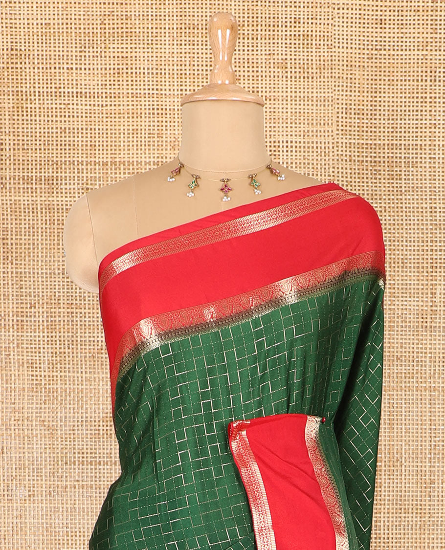 Green maze geometric-patterned semi-mysore silk saree, contrast rettai pettu traditional zari border, intricate pallu, and a contrast geometric-patterned zari-bordered blouse