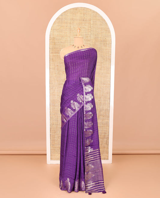Violet micro-checked design viscose khadi silk saree, peacock zari motifs woven border, zari striped pallu, and a matching blouse