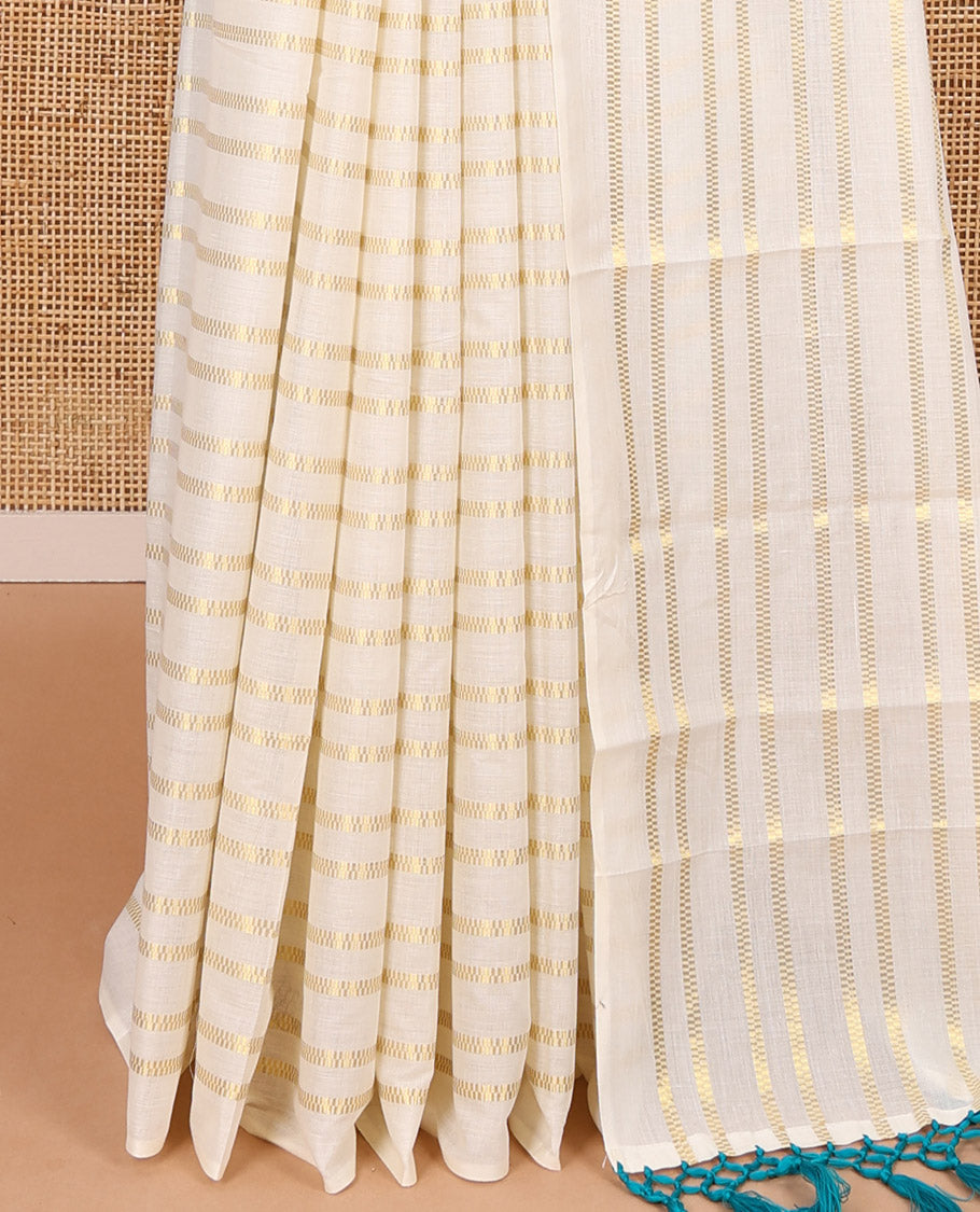 Borderless cream and ramar blue horizontal zari muthu striped Kerala cotton saree, self-pallu with tassels and a matching blouse