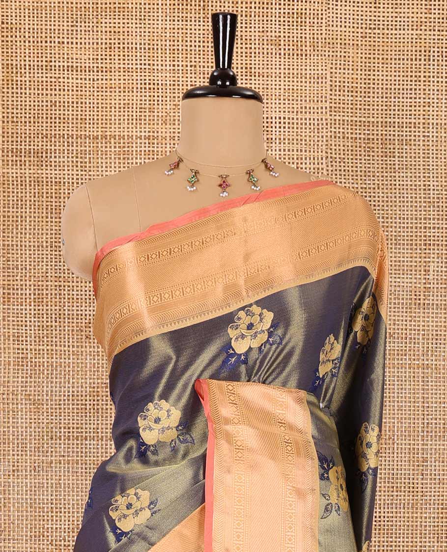 Navy blue rose motifs with zari jacquard Kanchi tissue saree, contrast traditional zari design border, gleaming pallu, and a contrast jacquard blouse
