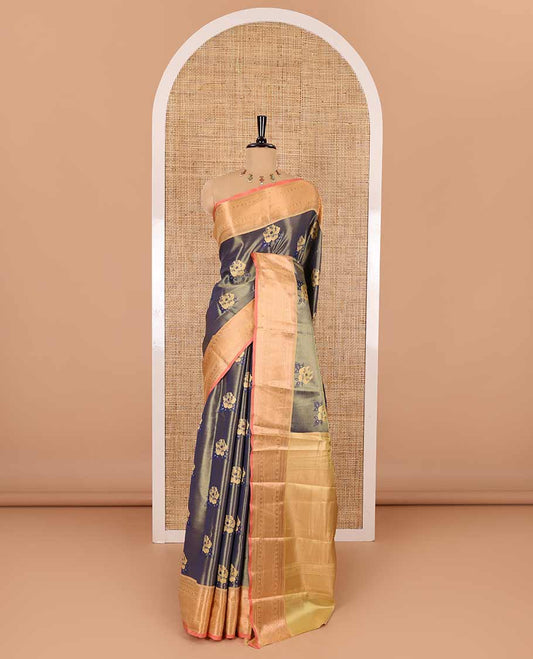 Navy blue rose motifs with zari jacquard Kanchi tissue saree, contrast traditional zari design border, gleaming pallu, and a contrast jacquard blouse