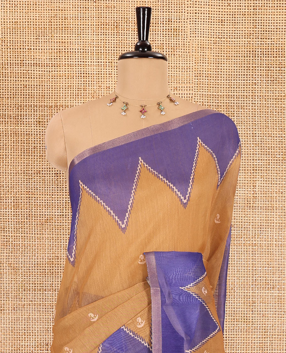 Gold small buttas printed Linen cotton saree, contrast double-sided temple border, striped pallu, and vertically striped blouse